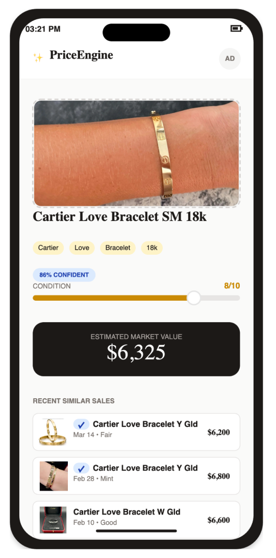 Appraise AI price engine UI screenshot.