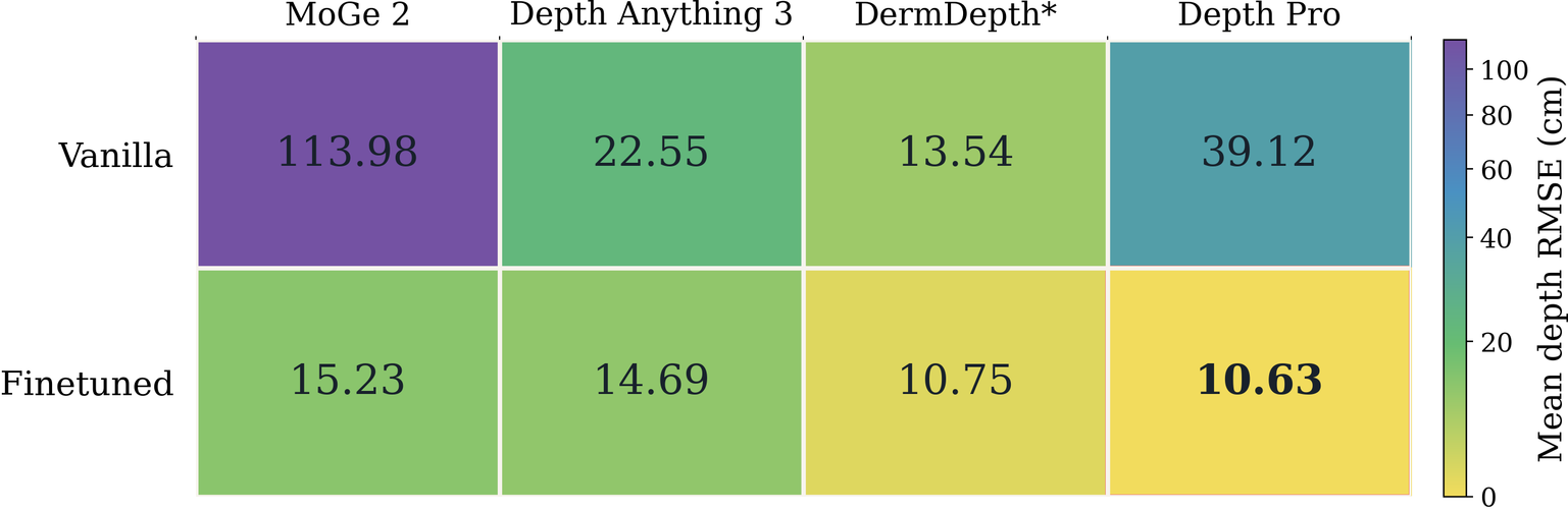 Depth-model RMSE before and after fine-tuning across four models