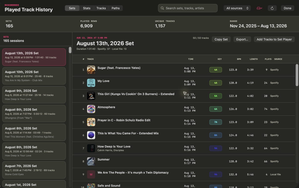 Set Player Rekordbox Played Track History with sessions, tracks, key, BPM, and source
